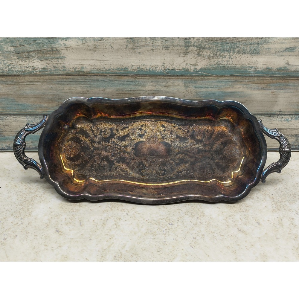 Antique‎ Leonard Serving Tray Footed Handles Silverplate Patina Aged Vintage
